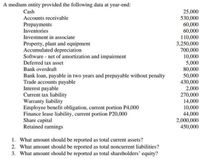 A medium entity provided the following data at year-end:
Cash
25,000
Accounts receivable
530,000
60,000
Prepayments
Inventories
60,000
Investment in associate
110,000
Property, plant and equipment
Accumulated depreciation
Software - net of amortization and impairment
Deferred tax asset
3,250,000
700,000
10,000
5,000
Bank overdraft
80,000
Bank loan, payable in two years and prepayable without penalty
Trade accounts payable
Interest payable
Current tax liability
Warranty liability
Employee benefit obligation, current portion P4,000
Finance lease liability, current portion P20,000
Share capital
Retained earnings
50,000
430,000
2,000
270,000
14,000
10,000
44,000
2,000,000
450,000
1. What amount should be reported as total current assets?
2. What amount should be reported as total noncurrent liabilities?
3. What amount should be reported as total shareholders' equity?
