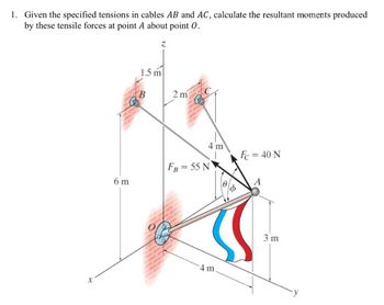 1. Given the specified tensions in cables AB and AC, calculate the resultant moments produced
by these tensile forces at point A about point 0.
ス
6 m
1.5 m
B
2 m
FB = 55 N
4 m
4 m
Fc = 40 N
A
3 m