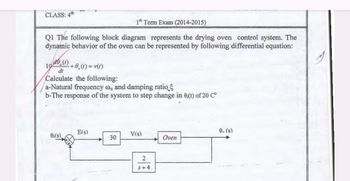 CLASS: 4th
1st Term Exam (2014-2015)
Q1 The following block diagram represents the drying oven control system. The
dynamic behavior of the oven can be represented by following differential equation:
100.(1)
dt
+0₁(t) = v(t)
Calculate the following:
a-Natural frequency on and damping ratio
b-The response of the system to step change in 0,(t) of 20 C°
E(s)
On (s)
0:(s)
V(s)
30
Oven
2
+
S+4.