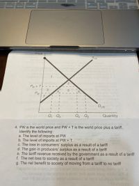 36
36
option
command
command
option
Price
Sus
Pw+ T
41
eni
16
Pw
1bluow Dus
en Q Qg
Q4 Q2
Quantity
priwol-fot orl 16wens oldst pnivnegmooos ort ni sisb ert priel E
4. PW is the world price and PW + T is the world price plus a tariff.
Identify the following:
a. The level of imports at PW
b. The level of imports at PW + T
c. The loss in consumers' surplus as a result of a tariff
d. The gain in producers' surplus as a result of a tariff
e. The tariff revenue received by the government as a result of a tariff
f. The net loss to society as a result of a tariff
g. The net benefit to society of moving from a tariff to no tariff
boop
eshiouo

