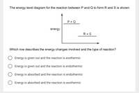 The energy level diagram for the reaction between P and Q to form R and S is shown.
P+ Q
energy
R+S
Which row describes the energy changes involved and the type of reaction?
Energy is given out and the reaction is exothermic
Energy is given out and the reaction is endothermic
Energy is absorbed and the reaction is endothermic
Energy is absorbed and the reaction is exothermic
