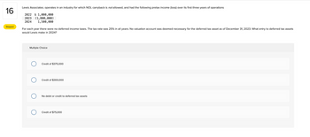 16
Skipped
Lewis Associates. operates in an industry for which NOL carryback is not allowed, and had the following pretax income (loss) over its first three years of operations
2022 $1,000,000
2023 (1,800,000)
2024 1,500,000
For each year there were no deferred income taxes. The tax rate was 25% in all years. No valuation account was deemed necessary for the deferred tax asset as of December 31, 2023. What entry to deferred tax assets
would Lewis make in 2024?
Multiple Choice
O
O
Credit of $375,000
Credit of $300,000
No debit or credit to deferred tax assets
Credit of $75,000