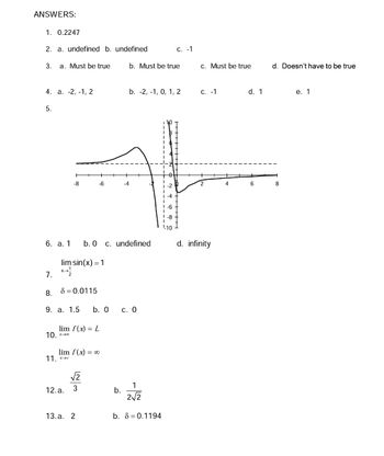 ANSWERS:
1. 0.2247
2. a. undefined b. undefined
3. a. Must be true
4. a. -2, -1, 2
5.
6. a. 1
7.
-8
lim sin(x) = 1
X-¹
8. 8=0.0115
9. a. 1.5
10. X-00
11. x+c
lim f(x) = L
lim f(x) = ∞
√√2
-6
12.a. 3
13.a. 2
b. 0 c. undefined
-4
b. 0 c. 0
b.
b. Must be true
b. -2, -1, 0, 1, 2
1
2√2
-------5
b. 80.1194
00 9
C. -1
-2
-4
-10
c. Must be true
C. -1
d. infinity
4
d. 1
6
d. Doesn't have to be true
8
e. 1