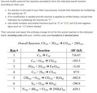 Use and modify some/all the reactions provided to form the indicated overall reaction
according to Hess' Law.
• If a reaction is not used in your Hess' Law process, include that indication by multiplying
the reaction by "0"
• If no modification is needed and the reaction is applied as written below, include that
indication by multiplying the reaction by "1"
• Use whole numbers and simple fractions (such as "2" or "1/2", not 0.5) and negative
signs (such as "-2") where needed
Then calculate and report the enthalpy change (in kJ) for the overall reaction in the indicated
blank, including units with your written value and rounded to 1 decimal place.
Overall Reaction: CS2(1) + 302(g) → CO2(g) + 2SO2(g)
Rxn #
Reaction
ΔΗ° (kJ)
1
C(s) → C(g)
716.67
2
C(s) + O2(g) → CO2(g)
-393.5
3
3Fe(s) +202(g) → Fe3O4(s)
-1118
4
C(s) + 2S(s) → CS2(1)
87.9
5
CH4(g) + O2(g) → CO₂(g) + H₂O(g)
-882.0
6
S(s) + O2(g) → SO2(g)
-296.8
N2(g) + 4H2(g) + Cl2(g) → 2NH4Cl(g)
-629.1
7