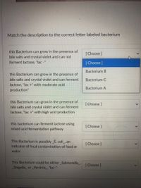 Match the description to the correct letter labeled bacterium
this Bacterium can grow in the presence of
bile salts and crystal violet and can not
ferment lactose, "lac -"
[ Choose ]
[ Choose ]
Bacterium B
this Bacterium can grow in the presence of
bile salts and crystal violet and can ferment
Bacterium C
lactose, "lac +" with moderate acid
Bacterium A
production"
this Bacterium can grow in the presence of
bile salts and crystal violet and can ferment
lactose, "lac +" with high acid production
[ Choose ]
this bacterium can ferment lactose using
mixed acid fermentation pathway
[ Choose ]
This Bacterium is possibly _E. coli_, an
indicator of fecal contamination of food or
[ Choose ]
water
This Bacterium could be either Salmonella_,
[Choose ]
Shigella_ or Yersinia_, "lac-"-
>
