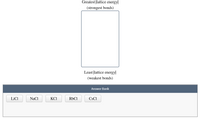 ### Understanding Lattice Energy

In this interactive exercise, you are tasked with arranging compounds based on their lattice energy, which corresponds to the strength of bonds in ionic compounds.

#### Diagram Overview

- **Vertical Arrow Diagram:** 
  - At the top of the diagram, it states "Greatest |lattice energy| (strongest bonds)".
  - At the bottom, it states "Least |lattice energy| (weakest bonds)".
  - The objective is to place the given compounds in order from greatest to least lattice energy.

#### Compounds to Arrange

The compounds listed in the answer bank are:

- LiCl (Lithium chloride)
- NaCl (Sodium chloride)
- KCl (Potassium chloride)
- RbCl (Rubidium chloride)
- CsCl (Cesium chloride)

Your task is to place these compounds within the diagram according to the strength of their ionic bonds, which is directly related to their lattice energies. Generally, smaller ions and higher charges result in greater lattice energy.