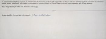 **Problem Statement:**

A man wants to adopt a puppy from an animal shelter. At the shelter, he finds eight puppies that he likes, a male and female puppy from each of the four breeds of terrier, briard, dachshund, and maltese. The puppies are each so cute that he cannot make up his mind, so he decides to pick the dog randomly.

**Task:**

Find the probability that the man chooses a male puppy.

**Solution:**

The probability of choosing a male puppy is \(\frac{1}{2}\). (Type a simplified fraction.)