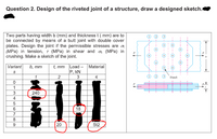 Question 2. Design of the riveted joint of a structure, draw a designed sketch.
Two parts having width b (mm) and thickness t ( mm) are to
be connected by means of a butt joint with double cover
plates. Design the joint if the permissible stresses are a
(MPa) in tension, r (MPa) in shear and a (MPa) in
crushing. Make a sketch of the joint.
(+)
t, mm Load – Material
P, kN
Variant
b, mm
2
Diad)
1
3
240
4.
6.
18
8
9.
20
St2
