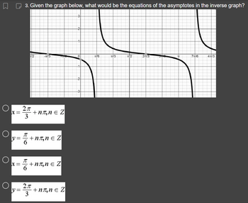 x =
y =
X =
y =
3. Given the graph below, what would be the equations of the asymptotes in the inverse graph?
2A
3
T
6
12
TC
6
+nл‚n € Z
+nл, n = Z
+nл, n = Z
2π
3
+nл,и € Z
-3
-2
-1
-1
-2
-3
TI/6
11/3
1/2
21/3
7T/6
4T/3