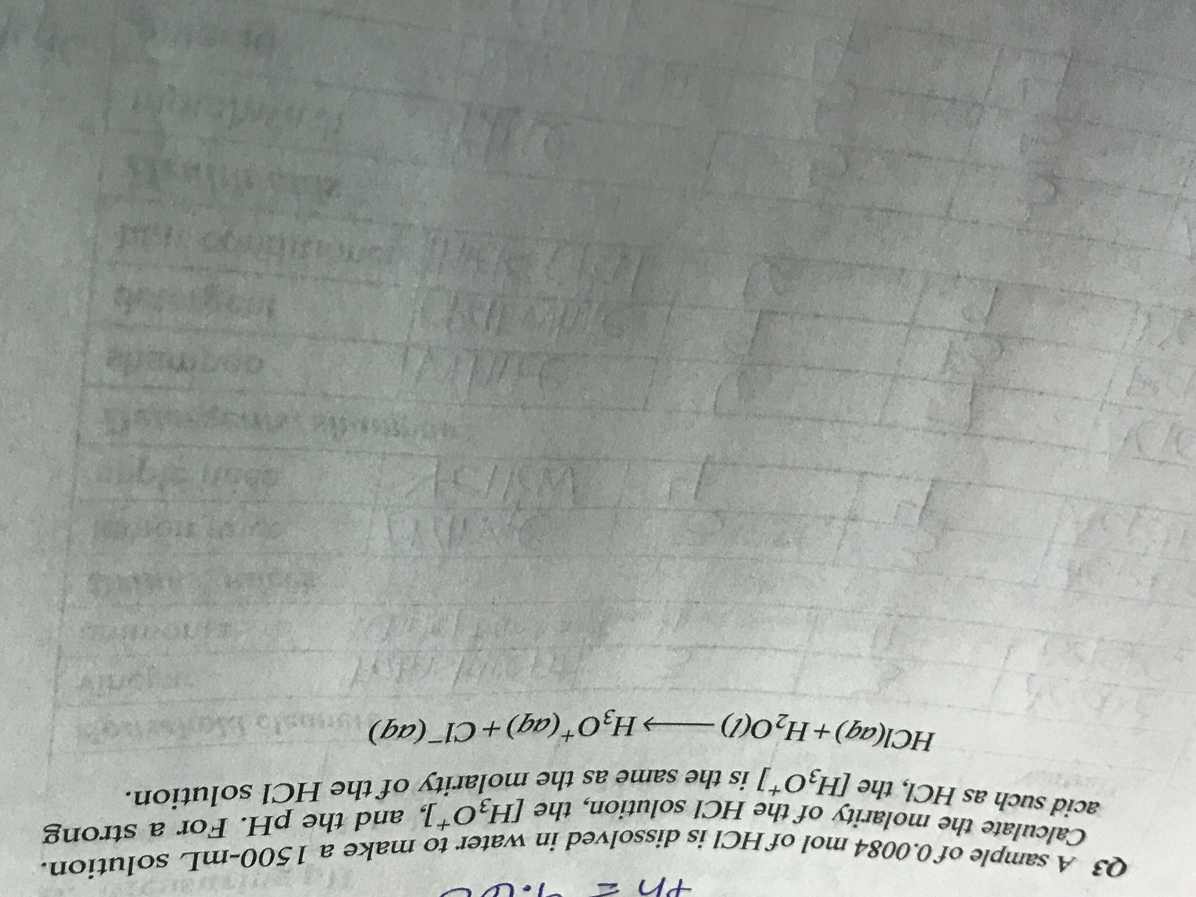 Q3 A sample of 0.0084 mol of HCI is dissolved in water to make a 1500-mL solution.
Calculate the molarity of the HCl solution, the [H3O 1 and the pH. For a strong
acid such as HCI, the [H2O] is the same as the molarity of the HCl solution.
HCl(aq)+H20()
H30 (ag)+CI (aq)
SrAnslo
JIN
