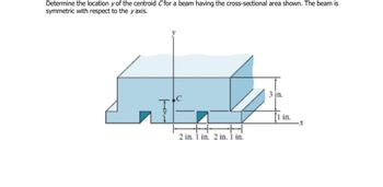 Determine the location y of the centroid C for a beam having the cross-sectional area shown. The beam is
symmetric with respect to the y axis.
2 in. 1 in. 2 in. 1 in.
3 in.
11 in.