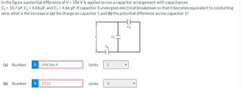 ---

### Capacitor Network Analysis

In this problem, we're analyzing a capacitor network where a potential difference of \( V = 106 \, \text{V} \) is applied across a combination of capacitors. The capacitors have the following capacitances:

- \( C_1 = 10.7 \, \mu\text{F} \)
- \( C_2 = 6.06 \, \mu\text{F} \)
- \( C_3 = 4.66 \, \mu\text{F} \)

The configuration of the capacitors in the circuit is shown in the accompanying diagram.

#### Problem Statement:
If capacitor \( C_3 \) undergoes electrical breakdown, becoming equivalent to a conducting wire, determine the following:
1. **Increase in the charge on capacitor 1** \( \Delta Q_{C_1} \)
2. **Potential difference across capacitor 1** \( V_{C_1} \)

**Diagram:**

The diagram shows:
- A potential difference (V) applied across the network.
- Capacitors \( C_1 \) and \( C_2 \) are connected in parallel with each other.
- Capacitor \( C_3 \) is shown in series with the parallel combination of \( C_1 \) and \( C_2 \).

**Solution:**

The given conditions result in the following calculations:

1. **Charge on Capacitor 1:**
   \[
   \Delta Q_{C_1} = 248.34 \times 10^{-6} \, \text{C}
   \]
   Units: Coulombs (C)

2. **Potential Difference Across Capacitor 1:**
   \[
   V_{C_1} = 23.21 \, \text{V}
   \]
   Units: Volts (V)

By breaking down the circuit and the problem statement, the changes and values can be systematically calculated.

---

This transcription approach clearly displays the problem and the solution, facilitating understanding for educational purposes.