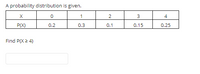 A probability distribution is given.
X
1
4
P(X)
0.2
0.3
0.1
0.15
0.25
Find P(X 2 4)
