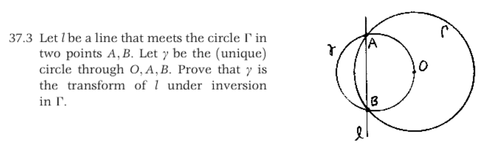 37.3 Let 1be a line that meets the circle in
two points A, B. Let y be the (unique)
circle through O, A, B. Prove that y is
A
the transform of l under inversion
in
