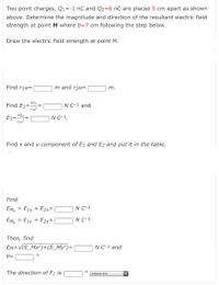 Two point charges, Q1=-1 nC and Q2=6 nC are placed 5 cm apart as shown
above. Determine the magnitude and direction of the resultant electric field
strength at point M where b=7 cm following the step below.
Draw the electric field strength at point M.
Find rim=
m and r2m=
m.
kQ1
Find E1=
N C-1 and
%3D
kQ2
E2=
N C-1.
Find x and y component of E1 and E2 and put it in the table.
Find
EMx = E1x + E2x=|
N C-1
EMy = E1y + E2y=
N C-1
Then, find
ΕΜ-ν(E Mx}) + (E_My') =
N C-1 and
0=
The direction of F1 is
choose one
