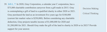 39. LO.1, 7 In 2020, Gray Corporation, a calendar year C corporation, has a
$75,000 charitable contribution carryover from a gift made in 2015. Gray
is contemplating a gift of land to a qualified charity in either 2020 or 2021.
Gray purchased the land as an investment five years ago for $100,000
(current fair market value is $250,000). Before considering any charitable
deduction, Gray projects taxable income of $1,000,000 for 2020 and
$1,200,000 for 2021. Should Gray make the gift of the land to charity in 2020 or in 2021? Provide
support for your answer.
Decision Making
Critical Thinking