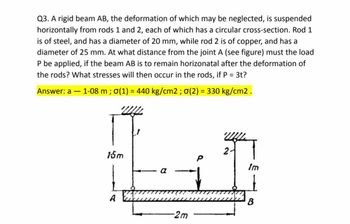 Q3. A rigid beam AB, the deformation of which may be neglected, is suspended
horizontally from rods 1 and 2, each of which has a circular cross-section. Rod 1
is of steel, and has a diameter of 20 mm, while rod 2 is of copper, and has a
diameter of 25 mm. At what distance from the joint A (see figure) must the load
P be applied, if the beam AB is to remain horizonatal after the deformation of
the rods? What stresses will then occur in the rods, if P = 3t?
Answer: a-1-08 m; σ(1) = 440 kg/cm2; σ(2) = 330 kg/cm2.
15m
a
A
-2m
2-
Im