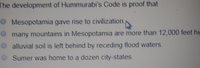 The development of Hummurabi's Code is proof that
O Mesopotamia gave rise to civilization.
many mountains in Mesopotamia are more than 12,000 feet hig
alluvial soil is left behind by receding flood waters.
Sumer was home to a dozen city-states.
