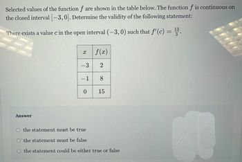 Selected values of the function f are shown in the table below. The function f is continuous on
the closed interval [-3, 0]. Determine the validity of the following statement:
There exists a value c in the open interval (-3, 0) such that f'(c) =
13
3°
Answer
X
- 3
7
−1
0
f(x)
2
8
15
O the statement must be true
the statement must be false
the statement could be either true or false