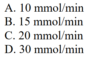 A. 10 mmol/min
B. 15 mmol/min
C. 20 mmol/min
D. 30 mmol/min