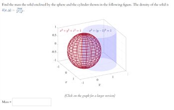 Find the mass the solid enclosed by the sphere and the cylinder shown in the following figure. The density of the solid is
8(x, y)
|4zy
z² + y²
Mass=
1
0.5
0
-0.5.
-1
-1
x² + y² +2²=1 x² + (y - 1)² = 1
x
-1
0
Y
(Click on the graph for a larger version)