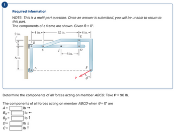 ### Required Information

**Note:** This is a multi-part question. Once an answer is submitted, you will be unable to return to this part.

The components of a frame are shown. Given \( \theta = 0^\circ \).

#### Diagram Explanation:

The diagram shows a frame structure with several members labeled A, B, C, D, E, F, and J. Below are the key features:

- There is a vertical wall on the left side where member A is attached with a pin connection.
- The frame members are dimensioned as follows:
  - The distance from the wall to \( B \) is 2 inches.
  - The horizontal distance from \( B \) to \( C \) is 4 inches.
  - The distance from \( C \) to \( D \) is 12 inches.
  - The horizontal distance from \( D \) to \( E \) is 4 inches.
  - The vertical distance from \( A \) to the line passing through \( C \) is 8 inches.
  - The horizontal distance from \( F \) to \( D \) is 6 inches.
- A force \( P \) is applied at point \( F \) directed downwards to the right.

### Problem Statement

Determine the components of all forces acting on member \( ABCD \). Take \( P = 90 \) lb.

The components of all forces acting on member \( ABCD \) when \( \theta = 0^\circ \) are

- \( A = \) [ ] lb →
- \( B_X = \) [ ] lb ←
- \( B_Y = \) [ ] lb ↑
- \( D = \) [ ] lb ↓
- \( C = \) [ ] lb ↑