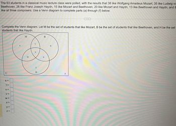 The 63 students in a classical music lecture class were polled, with the results that 38 like Wolfgang Amadeus Mozart, 35 like Ludwig vc
Beethoven, 28 like Franz Joseph Haydn, 15 like Mozart and Beethoven, 20 like Mozart and Haydn, 13 like Beethoven and Haydn, and &
like all three composers. Use a Venn diagram to complete parts (a) through (f) below.
Complete the Venn diagram. Let M be the set of students that like Mozart, B be the set of students that like Beethoven, and H be the set
students that like Haydn.
U
S=
t=
U=
V=
W=
X=
y=
Z=
NE
M
W
y
H
B
+
...
Z