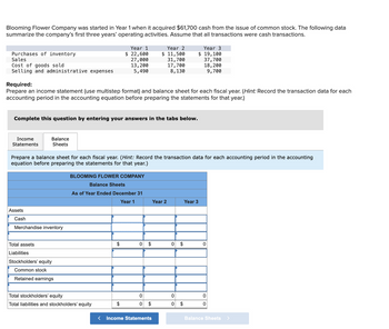 Blooming Flower Company was started in Year 1 when it acquired $61,700 cash from the issue of common stock. The following data
summarize the company's first three years' operating activities. Assume that all transactions were cash transactions.
Purchases of inventory
Sales
Cost of goods sold
Selling and administrative expenses
Income
Statements
Required:
Prepare an income statement (use multistep format) and balance sheet for each fiscal year. (Hint: Record the transaction data for each
accounting period in the accounting equation before preparing the statements for that year.)
Complete this question by entering your answers in the tabs below.
Balance
Sheets
Assets
Cash
Merchandise inventory
Prepare a balance sheet for each fiscal year. (Hint: Record the transaction data for each accounting period in the accounting
equation before preparing the statements for that year.)
Total assets
Liabilities
Stockholders' equity
Common stock
Retained earnings
Year 1
$ 22,600
27,000
13,200
5,490
BLOOMING FLOWER COMPANY
Balance Sheets
As of Year Ended December 31
Year 1
Total stockholders' equity
Total liabilities and stockholders' equity
$
$
Year 2
$ 11,500
31,700
17,700
8,130
0 $
0
0 $
< Income Statements
Year 2
0
0
0
$
Year 3
$ 19,100
37,700
18, 200
9,700
$
Year 3
0
0
0
Balance Sheets