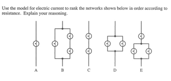 Use the model for electric current to rank the networks shown below in order according to
resistance. Explain your reasoning.
A
B
D
E