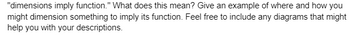 "dimensions imply function." What does this mean? Give an example of where and how you
might dimension something to imply its function. Feel free to include any diagrams that might
help you with your descriptions.