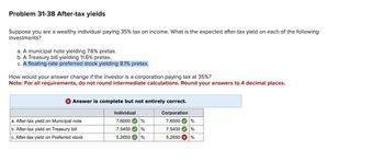 Problem 31-38 After-tax yields
Suppose you are a wealthy individual paying 35% tax on income. What is the expected after-tax yield on each of the following
investments?
a. A municipal note yielding 7.6% pretax.
b. A Treasury bill yielding 11.6% pretax.
c. A floating-rate preferred stock yielding 8.1% pretax.
How would your answer change if the investor is a corporation paying tax at 35%?
Note: For all requirements, do not round intermediate calculations. Round your answers to 4 decimal places.
× Answer is complete but not entirely correct.
Individual
Corporation
a. After-tax yield on Municipal note
b. After-tax yield on Treasury bill
7.6000
7.5400
%
7.6000 %
%
7.5400 %
c. After-tax yield on Preferred stock
5.2650
%
5.2650 %