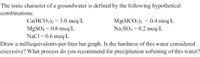 The ionic character of a groundwater is defined by the following hypothetical
combinations:
Ca(HCO3)2 = 3.0 meq/L
MgSO4 = 0.8 meq/L
NaCl = 0.6 meq/L
0.4 meq/L
Mg(HCO3)2
Na2SO4 = 0.2 meq/L
Draw a milliequivalents-per-liter bar graph. Is the hardness of this water considered
excessive? What process do you recommend for precipitation softening of this water?
