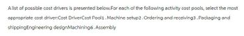 A list of possible cost drivers is presented below.For each of the following activity cost pools, select the most
appropriate cost driver:Cost DriverCost Pool1. Machine setup2. Ordering and receiving3. Packaging and
shipping Engineering designMachining 6. Assembly