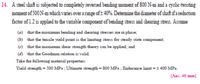 14. A steel shaft is subjected to completely reversed bending moment of 800 N-m and a cyclic twisting
moment of 500 N-m which varies over a range oft 40%. Determine the diameter of shaft if a reduction
factor of 1.2 is applied to the variable component of bending stress and shearing stress. Assume
(a) that the maximum bending and shearing stresses are in phase;
(6) that the tensile yield point is the limiting stress for steady state component;
(c) that the maximum shear strength theory can be applied; and
(d) that the Goodman relation is valid.
Take the following material properties:
Yield strength = 500 MPa ; Ultimate strength = 800 MPa ; Endurance limit = ± 400 MPa.
[Ans. 40 mm]
