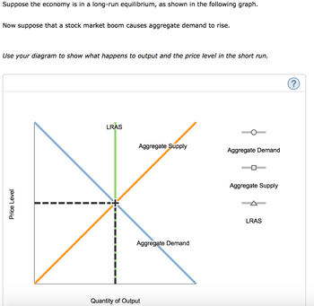 Suppose the economy is in a long-run equilibrium, as shown in the following graph.
Now suppose that a stock market boom causes aggregate demand to rise.
Use your diagram to show what happens to output and the price level in the short run.
Price Level
LRAS
Aggregate Supply
Aggregate Demand
Quantity of Output
Aggregate Demand
Aggregate Supply
LRAS