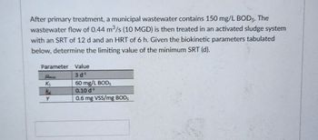 After primary treatment, a municipal wastewater contains 150 mg/L BOD5. The
wastewater flow of 0.44 m³/s (10 MGD) is then treated in an activated sludge system
with an SRT of 12 d and an HRT of 6 h. Given the biokinetic parameters tabulated
below, determine the limiting value of the minimum SRT (d).
Parameter
Hmax
Ks
ka
Y
Value
3 d¹
60 mg/L BOD,
0.10 d ¹¹
0.6 mg VSS/mg BODS