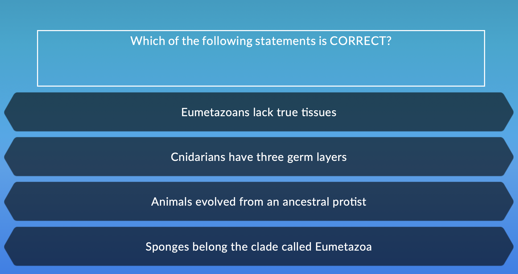 Which of the following statements is CORRECT?
Eumetazoans lack true tissues
Cnidarians have three germ layers
Animals evolved from an ancestral protist
Sponges belong the clade called Eumetazoa
