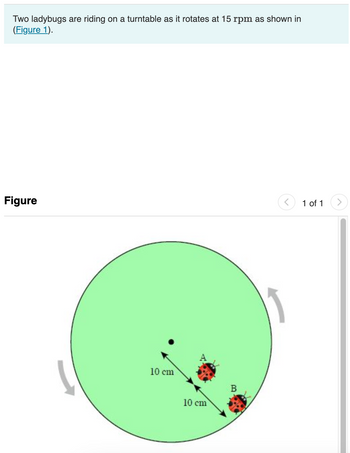 **Text:**

Two ladybugs are riding on a turntable as it rotates at 15 rpm as shown in (Figure 1).

**Figure Explanation:**

The figure illustrates a green turntable rotating counterclockwise. The turntable has a central black dot representing its axis of rotation. Two ladybugs, labeled A and B, are positioned along a radial line from the center.

- Ladybug A is located 10 cm from the center of the turntable.
- Ladybug B is 10 cm farther from Ladybug A, making it 20 cm from the center.

The rotational direction is indicated by curved arrows near the edge of the turntable.