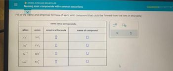 ATOMS, IONS AND MOLECULES
Naming ionic compounds with common oxoanions
Fill in the name and empirical formula of each ionic compound that could be formed from the ions in this table:
cation
Cu
'2 "a
2+
Ba
3-
Ma
anion
NO,
CIO
Bro
PO
some ionic compounds
empirical formula
0
0
0
name of compound
0
0
0
X