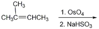 The image depicts a chemical reaction scheme for the dihydroxylation of an alkene. The starting compound is 3-methyl-1-butene, which features a double bond between the second and third carbon atoms, and a methyl group attached to the second carbon.

The reaction is a two-step process involving the following reagents:

1. **OsO₄ (Osmium tetroxide)**: This step facilitates the syn addition of two hydroxyl (OH) groups across the double bond, leading to the formation of a vicinal diol (also known as a glycol).

2. **NaHSO₃ (Sodium bisulfite)**: This reagent is used to reduce and remove the osmium compound from the reaction mixture, providing a clean product.

This reaction specifically converts the alkene into a vicinal diol, highlighting the syn stereochemistry, which means the two hydroxyl groups are added to the same side of the former double bond.