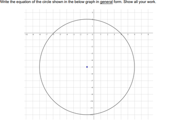 Write the equation of the circle shown in the below graph in general form. Show all your work.
-10
9
-7
6
5
+4
-3
-2
-1
D
6
7
8
-2
-B
-P
-10
-11