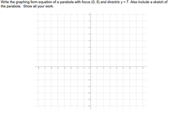 Write the graphing form equation of a parabola with focus (0, 5) and directrix y = 7. Also include a sketch of
the parabola. Show all your work.
7
6
5
+
3
17
6
-5
-4
3
22
•
0
-2
ー