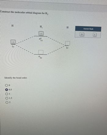 Construct the molecular orbital diagram for H,.
H
H₂
H
1
1s
0*
Identify the bond order.
0
• 0.5
1.5
2
º1s
11
Answer Bank