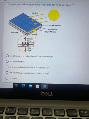 F3
What happens when light energy is absorbed by the solar panel?
Sunlight
n-type Material
p-n Junction
p-type Material
Solar Panel
Photons
000
000
Hole
Flow
an electron is knocked loose in the middle layer
a chain reaction
a proton is knocked loose in the bottom layer
an electron is knocked loose in the top layer
nothing
H
KO
F4
JUL
F5
Electron
Flow
F6
DELL
F8
F9
prt sc
F10