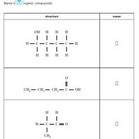 Name ti.. organic compounds:
structure
name
Он
H H H
Н— С — С — С — С — н
|
| || |
н нн н
CH, — сн,-сH, — С -ОН
|
н н
H - C- C = 0
CH3
-
