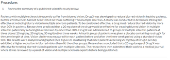 Procedure:
1 Review the summary of a published scientific study below:
Patients with multiple sclerosis frequently suffer from blurred vision. Drug X was developed to reduce blurred vision in healthy patients,
but the effectiveness had not been tested on those suffering from multiple sclerosis. A study was conducted to determine if Drug X is
effective at reducing blurry vision in multiple sclerosis patients. To be considered effective, a drug must reduce blurred vision by more
than 30% in patients. Researchers predicted that a 20 mg dose of the drug would be effective for treating blurred vision in multiple
sclerosis patients by reducing blurred vision by more than 30%. Drug X was administered to groups of multiple sclerosis patients at
three doses (10 mg/day, 20 mg/day, 30 mg/day) for three weeks. A fourth group of patients was given a placebo containing no drug X for
the same length of time. Vision clarity was measured for each patient before and after the three-week period using a standard vision
test. The results were analyzed and graphed (See Figure 2), illustrating that more patients receiving 20 mg/day of Drug X per day
exhibited a higher reduction in blurred vision than did the other groups. Researchers concluded that a 20 mg dosage of Drug X was
effective for treating blurred vision in patients with multiple sclerosis. The researchers then submitted their work to a medical journal
where it was reviewed by a panel of vision and multiple sclerosis experts before being published.