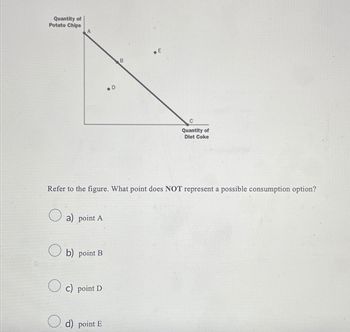 Quantity of
Potato Chips
E
Quantity of
Diet Coke
Refer to the figure. What point does NOT represent a possible consumption option?
a) point A
b) point B
c) point D
d) point E