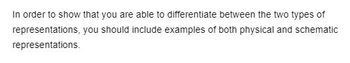 In order to show that you are able to differentiate between the two types of representations, you should include examples of both physical and schematic representations.