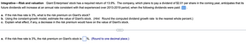 Integrative Risk and valuation Giant Enterprises' stock has a required return of 13.9%. The company, which plans to pay a dividend of $2.01 per share in the coming year, anticipates that its
future dividends will increase at an annual rate consistent with that experienced over 2013-2019 period, when the following dividends were paid:
a. If the risk-free rate is 3%, what is the risk premium on Giant's stock?
b. Using the constant-growth model, estimate the value of Giant's stock. (Hint: Round the computed dividend growth rate to the nearest whole percent.)
c. Explain what effect, if any, a decrease in the risk premium would have on the value of Giant's stock.
a. If the risk-free rate is 3%, the risk premium on Giant's stock is %. (Round to one decimal place.)