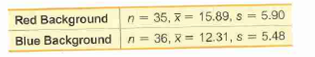 Red Background
n- 35, = 15.89, s = 5.90
n= 36, X= 12.31, s = 5.48
%3D
%3D
Blue Background
%3D
%3D
